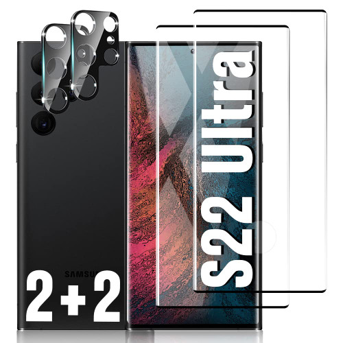 [2+2 Pack] Galaxy S22 Ultra 5G 6.8 Inch Screen Camera Protector, 9H Tempered Glass Scratch Resistant, Ultrasonic Fingerprint Support, 3D HD Curved, for Samsung Galaxy S22 Ultra Glass Screen Protector