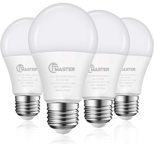 CFMASTER A19 LED Light Bulbs 100W Equivalent, 1500 Lumens Daylight White 5000K, E26 Standard Base A19 Lightbulbs, Non-Dimmable 15W High Bright LED Bulb, ETL Listed(4-Pack)