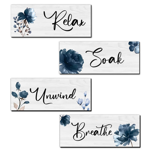 4 Pieces Bathroom Art Rustic Farmhouse Bathroom Wall Decor Relax Soak Unwind Breathe Wood Hanging Sign for Home Spa Bathroom Laundry