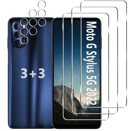 [3+3 Pack] Moto G Stylus 5G (2022) Screen Protector + Camera Lens Protector, 9H Tempered Glass, Anti Scratch, Easy Installation, Bubble Free, HD Screen Protector for Motorola Moto G Stylus 5G 2022
