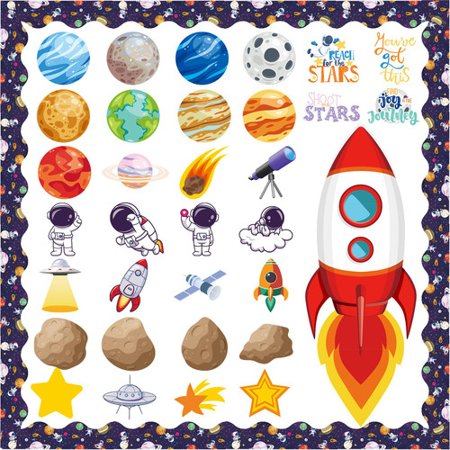 Outer Space Classroom Bulletin Border Decoration Kit Planet Astronaut Spacecraft Instrument Cutout Space Themed Bulletin Board Set for Classroom School Office Home Wall Decoration