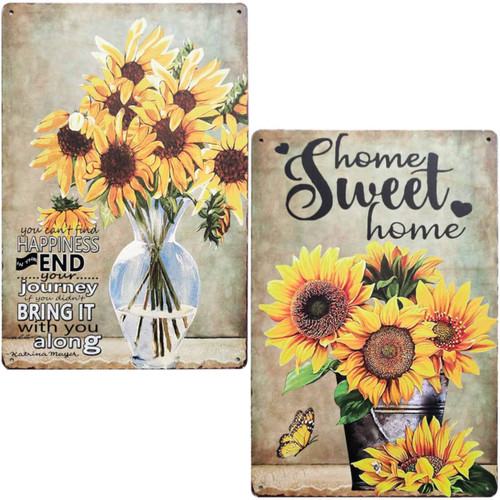 TISOSO Home Sweet Home Sunflower Floral Bloom Vintage Bar Sign Primitive Country Farmhouse Home Decor for Living Room, Laundry Room, Bathroom Decoration 2Pcs-8X12Inch