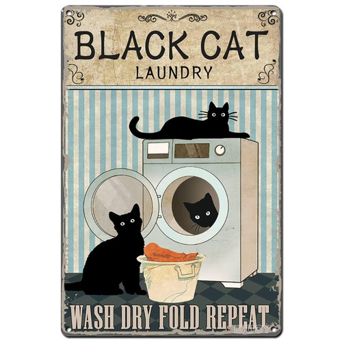 Ibusy Funny Black Cat Retro Metal Tin Sign - Black Cat Laundry Wash Dry Fold Repeat - laundry Room Signs Wall Decor - Laundry Room Wall Sign 12x8 Inch