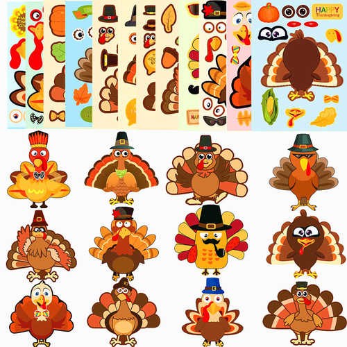 36 Sheets Thanksgiving Make-A-Turkey Stickers, Thanksgiving Crafts for Kids, Thanksgiving Make Your Own Turkey Stickers DIY Games Stickers for Fall Family Classroom Party Favors