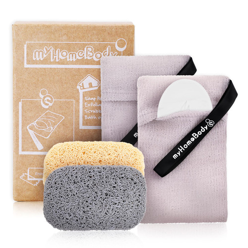 myHomeBody Soap Pocket Exfoliating Soap Saver Pouch | Body Scrubber Sponge, Exfoliator for Bath or Shower | for Large Bar Soap or Leftover Bits | White Smoke, 2 Pack + 2 Soap Lifting Pads