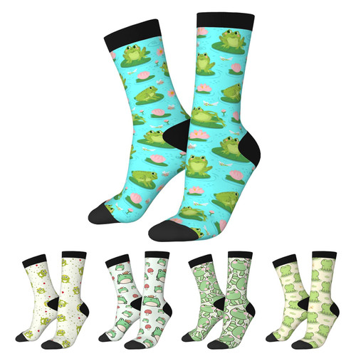 Muvtioc Funny Novelty Socks For Frog Lover,Cute Frog Printed Casual Crew Sock Gifts For Men Women,Green Frog With Floral