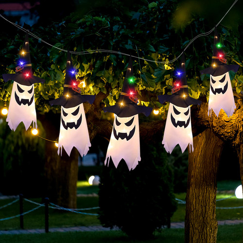 Halloween Decorations Outdoor Decor 5pcs Hanging Lighted Glowing Ghost Witch Hat Halloween Decorations Indoor Outside Ornaments Clearance Halloween Party Lights String for Yard Tree Garden