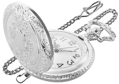 Realpoo Silvery Shield Quartz Pocket Watch Quartz Movement,Quartz Pocket Watches Arabic Numeral Digital Scale with Chain Clip for Men