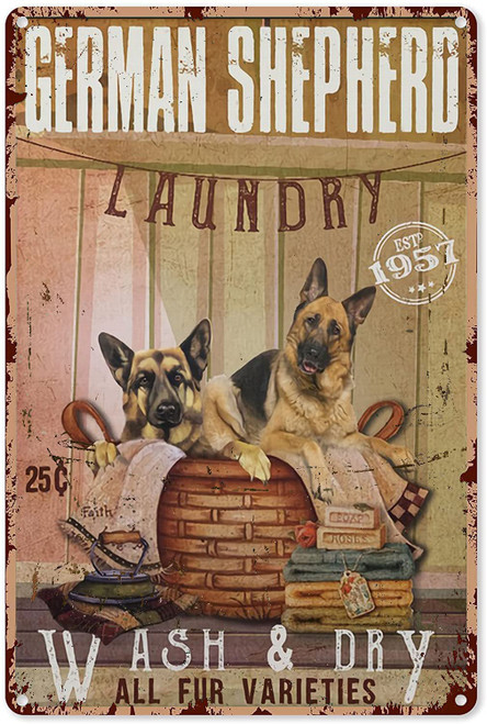 Mocozim Laundry Wall Art Large German Shepherd Laundry Company Wash & Dry All Fur Varieties Tin Sign Decoration Vintage Chic Metal Poster Wall Decor Art Gift for Laundry Room Farmhouse Door 12x8 inch