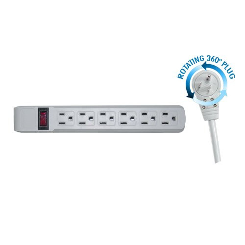 CableWholesale 51W1-19210 Surge/Modem Protector, Flat Rotating Plug, 6 Outlet, Gray Horizontal Outlets, Plastic, Power Cord, 10-Feet