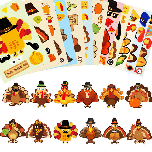 36 Sheets Thanksgiving Stickers(12 Different Design), Thanksgiving Crafts for Kids Thanksgiving Make Your Own Turkey Stickers for Kids DIY Turkey Games Thanksgiving Fall Party Favors Supplies