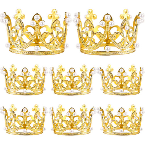 8 Pieces Crown Cake Topper Pearl Crystal Birthday Cake Topper Tiara Cake Topper Queen Princess Decorative Crowns Vintage Wedding Cake Crown Topper for Birthday Party Wedding Baby Shower (Gold)