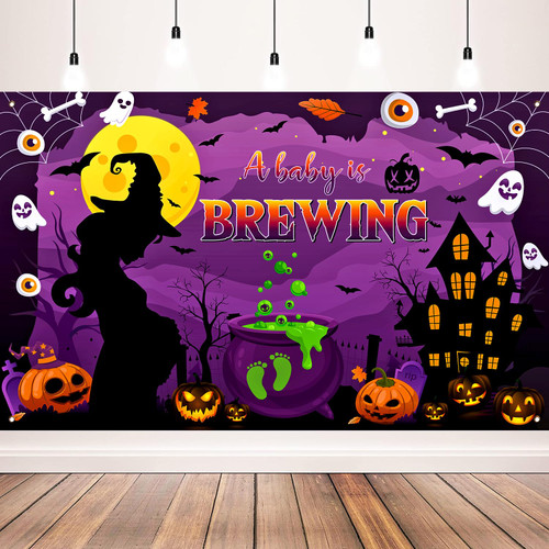 Halloween Baby Shower Decoration A Baby is Brewing Banner Backdrop for Halloween Gender Reveal Party Decorations, 71x43 inch Halloween Baby Shower Decoration A Baby is Brewing Banner Backdrop for Halloween Gender Reveal Party Decorations, 71x43 inch