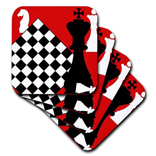 3dRose CST_165514_3 Black Red and White Chessboard and Pieces Ceramic Tile Coasters, Set of 4