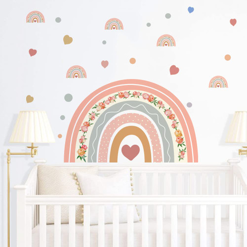 Runtoo Boho Rainbow Wall Decals Colorful Polka Dots Flower Wall Stickers for Girls Bedroom Baby Nursery Wall Decor