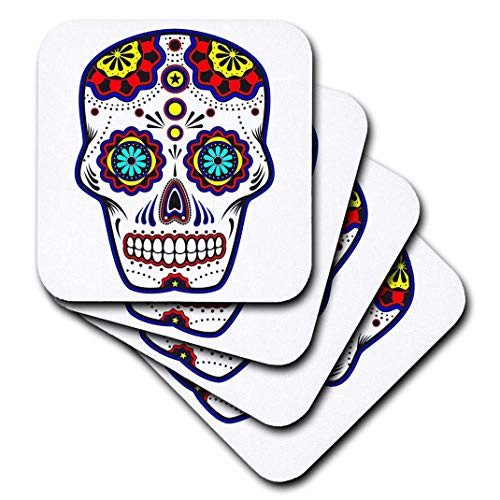 3dRose cst_186237_3 Sugar Skull. Day of The Dead. Dia De Muertos. Red, Blue and Yellow-Ceramic Tile Coasters, Set of 4