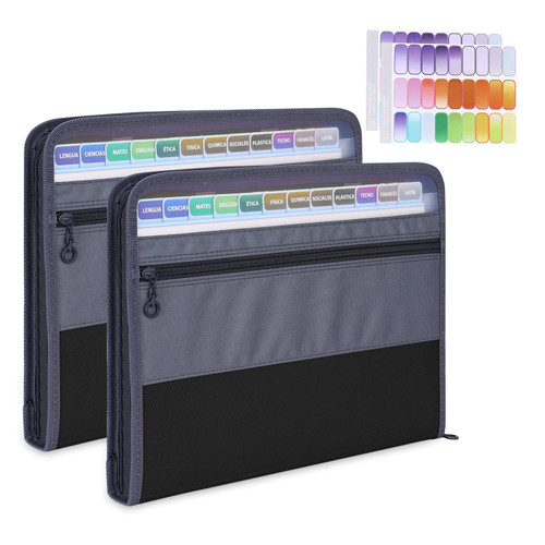 MEGREZ 2 Pack A4 Paper File Folder with 13 Pockets, Accordion File Folder, Zipper File Organizer Waterproof Document Organizer, Expanding File Folder with Tabs, Accordian Document Folder, Black