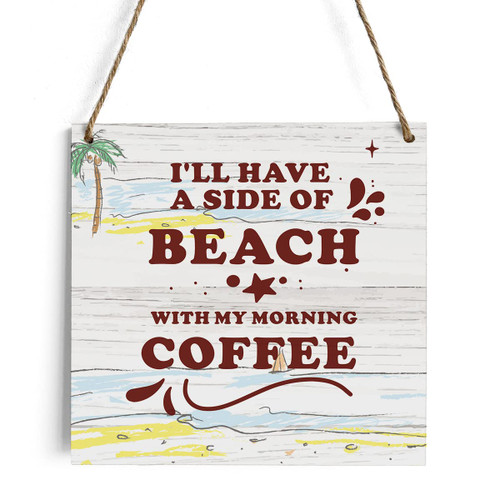 HTBIG Rustic Beach Theme Decor Wooden Sign, Farmhouse Beach with My Morning Coffee Wood Hanging Wall Decorations for Home Outdoor 7.1 x 7.1 Inches - Rustic Summer Artwork Sign