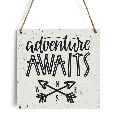 HTBIG Rustic Adventure Awaits Decor Wooden Sign, Farmhouse Camping Theme Wood Hanging Wall Decorations for Home Outdoor 7.1 x 7.1 Inches - Rustic Summer Artwork Sign