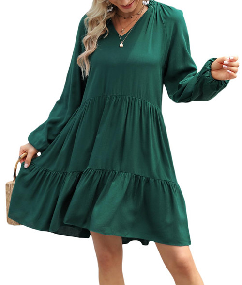 Kormei Womens Long Sleeve Ruffle V Neck Casual Loose Flowy Swing Tunic Dress Tiered Shift Dresses M Green Kormei Womens Long Sleeve Ruffle V Neck Casual Loose Flowy Swing Tunic Dress Tiered Shift Dresses M Green