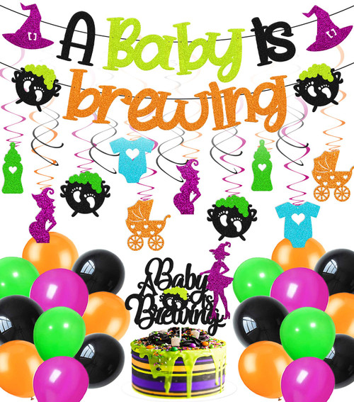 52 PCS A Baby is Brewing Party Decorations Halloween Baby Shower Banner Cake Topper Pregnant Witch Hanging Swirls Balloons for Halloween Gender Reveal Theme Celebration Party Supplies 52 PCS A Baby is Brewing Party Decorations Halloween Baby Shower Banner Cake Topper Pregnant Witch Hanging Swirls Balloons for Halloween Gender Reveal Theme Celebration Party Supplies