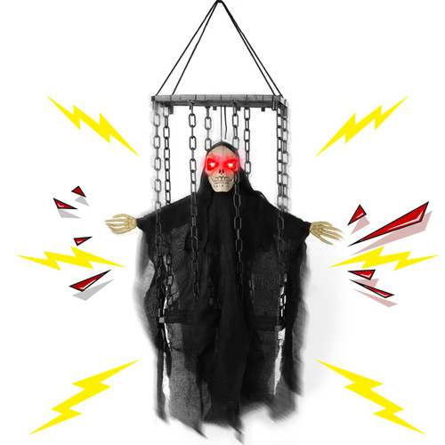 Scary Animated Halloween Hanging Decorations Screaming Halloween Motion Sensor Skull Cage with Light Up Eyes for Halloween Party Decor Indoor Outdoor, Haunted House Decoration-Batteries not Included