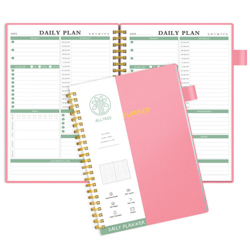 Daily Planner Undated, Daily Schedule Planner, ALLTREE Undated Planner, Spiral Daily To Do List Planner with Meal Tracker, Appointment, Hourly Schedule, Pocket, Pen Loop, Organizer Notebook for Men & Women, 160 Pages, Pink?5.5"x8.5"?