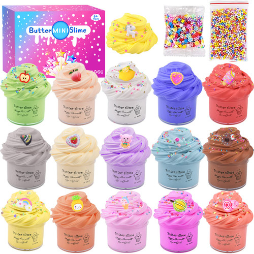 Butter Slime Kit 15 Pack, Including ice Cream, Animal and Fruit Slime Accessories, Super Soft & Non-Sticky, for Educational Slime Toys for Girls Boys, DIY Stress Relief Slime Toys