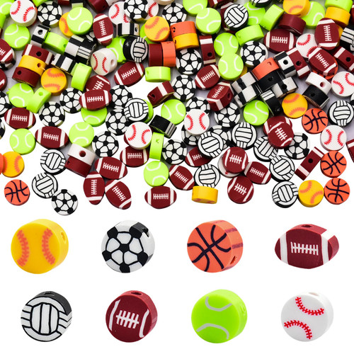 400 PCS Sports Ball Polymer Clay Beads Bulk for Earring Bracelet Necklace Keychain Jewelry Making, Tennis Baseball Basketball Soccer Volleyball Softball Football Beads Charms DIY Crafts