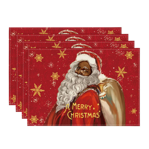 Artoid Mode Black Santa Watercolor Merry Christmas Placemats for Dining Table, 12 x 18 Inch Seasonal Winter Blessing Xmas Holiday Rustic Vintage Washable Table Mats Set of 4