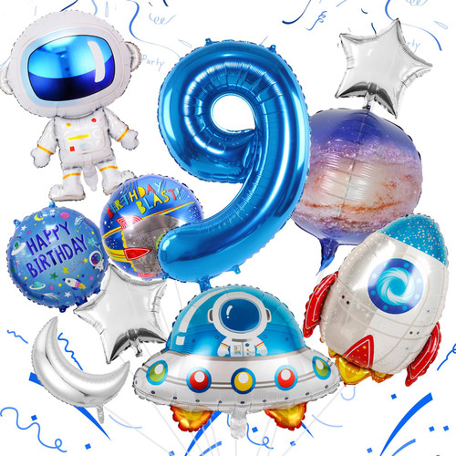 Space Balloons for 9th Birthday Decorations, 11PCS Boys Space Balloons Set with Rocket Astronaut Spaceship Balloons, Large Outer Space Galaxy Balloons with Star Moon Foil Balloons for Space Party