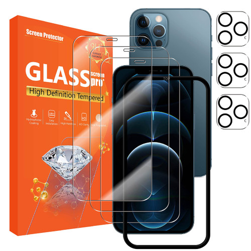seninhi [3+3Pack] for Apple iPhone 12 Pro MAX 6.7inch Screen Protector 3Pack + Camera Lens Protector 3Pack, Tempered Glass Screen Protector [With Easy Installation Frame] [9H Hardness] [Anti-Scratch] [Bubble Free]-Clear