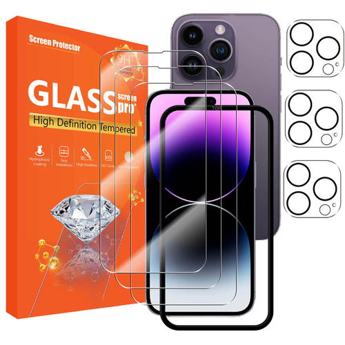 seninhi [3+3Pack] for iPhone 14 Pro 6.1inch Screen Protector 3Pack + Camera Lens Protector 3Pack, Tempered Glass Screen Protector [With Easy Installation Frame] [9H Hardness] [Anti-Scratch] [Bubble Free]-Clear