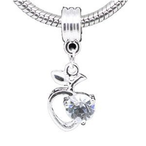 Clear Rhinestone Apple Heart Dangle Charm Bead for Snake Chain Bracelet