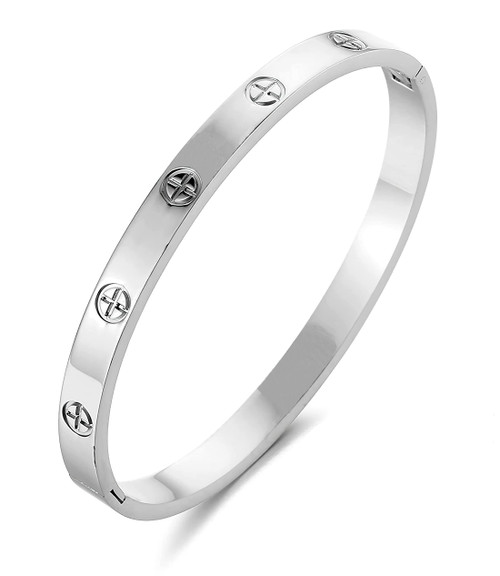 SIYUBABY 18K Gold Plated Friendship Love Bracelet Women Stainless Steel Cuff Oval Bangle Simple Hinged Bangle Jewelry(Silver)