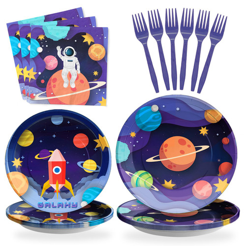 SCIONE 96 PCS Space Party Supplies Tableware Set, Planets Themed Birthday Party Decorations Star Sky Party Disposable Plates and Napkins Forks for 24 Guests Kids Party Favors Astronaut Party Supplies