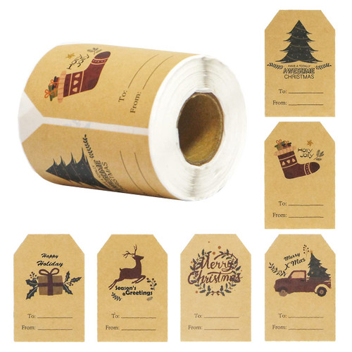 Trazzo Christmas Gift Tags Self Adhesive 300PCS Kraft Christmas Name Tags for Gifts Festival Writable Label Wrapping Holiday Santa to from Gift Tag Stickers for Presents