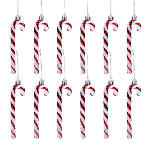 GWHOLE 12 Pack of Glitter Christmas Plastic Candy Cane Christmas Tree Hanging Ornaments for Holiday Party Decoration Favors, Red