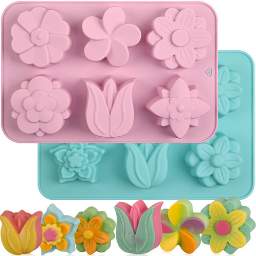 Sakolla 6-Cavity Flower Soap Molds Silicone, 2 Pack Tulip Different Flower Shapes Silicone Molds for Soap, Lotion Bar, Bath Bombs, Chocolate, Candy Baking Molds Jelly, Ice Cube Tray