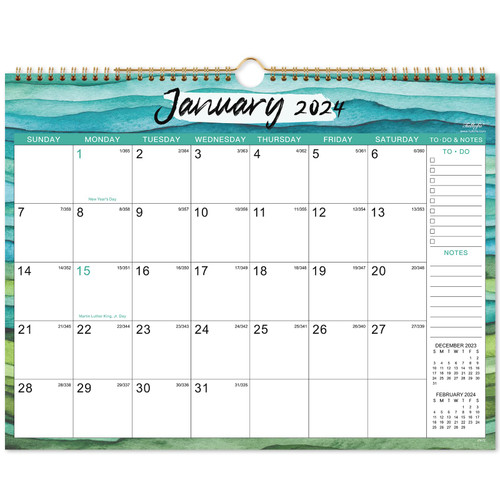 Calendar 2024 - Wall Calendar 2024, 12 Monthly Calendar 2024, 14.8" x 11.5", Jan. 2024 - Dec. 2024, 2024 Wall Calendar with Twin-Wire Binding, Hanging Hook, Large Unruled Blocks with Julian Dates - Green Waves