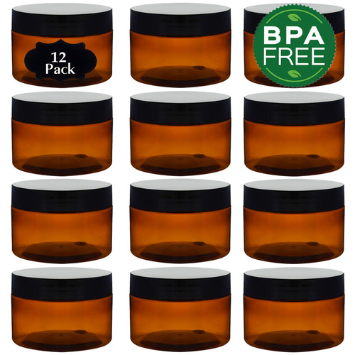 TUZAZO 4 Oz Amber Plastic Container Jars with Lids and Labels BPA Free, 12 Pack Empty Small Round Brown Cosmetic Containers Body Butter Jars for Lotion, Cream, Gel, Ointments and Essential Products