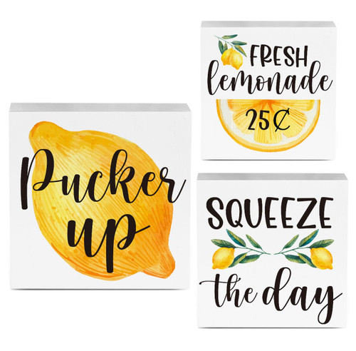 3 Pieces Lemon Wooden Box Signs Decor, Rustic Kitchen Lemon Lemonade Wood Box Signs Blocks, Home Farmhouse Kitchen Desk Shelf Sign Tiered Tray Decoration