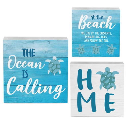 3 Pieces Summer Wooden Box Signs Decor, Rustic Summer Beach Ocean Wood Box Signs Blocks, Home Farmhouse Outdoor Desk Shelf Sign Tiered Tray Decoration