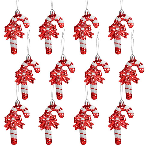 GWHOLE 12 Pcs Christmas Candy Cane Ornaments, Glitter Twisted Plastic Candy Cane Cute Bowknot Design with Strings for Christmas Tree Hanging Ornaments (Red)