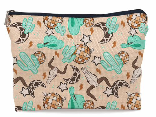Lacosu Retro Western Country Turquoise Cowboy Cowgirl Makeup Bag Bull Skull Cactus Disco Ball Makeupbags Cosmetic Bag Zipper Pouch Toiletry Bags,Gifts for Teen Girls Women Western Cowgirl