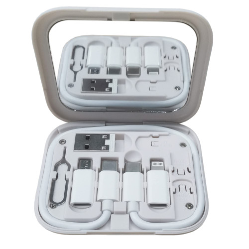 Multifunction Cable Card USB Adapter Box Kit with Mirror USB Type-C Charging and USB C to USB A Light Micro USB Conversion Connector for Travel Charging PC Data Transfer - White