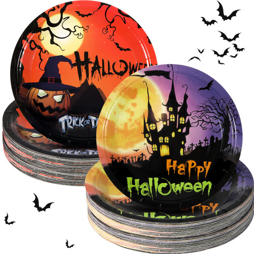 Mimorou 60 Pieces Halloween Party Plate 7 Inch, Disposable Happy Halloween Pumpkin Haunted House Dinner Plates Bulk Halloween Party Dinner Supplies for Halloween Birthday Party Decorations