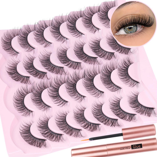 Cat Eye Lashes Natural Look False Eyelashes with Lash Glue Wispy Mink Lashes Fluffy 3D 15MM Fake Eyelashes with Eyelash Glue, 14 Pairs by Geeneiya