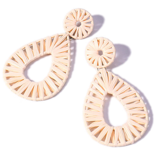 Boho Raffia Earrings Statement Teardrop Earrings Drop Dangle Bohemian Earrings for Women Cute Handmade Earring for Girls(Ivory)