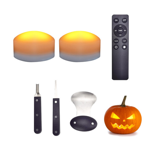 7LinRay 2 PCS Halloween White Pumpkin Lights with Remote and Timer, Battery Operated Flickering Flameless Pumpkin Candles with Stainless Steel Pumpkin Carving Tools Kit for Jack-O-Lantern